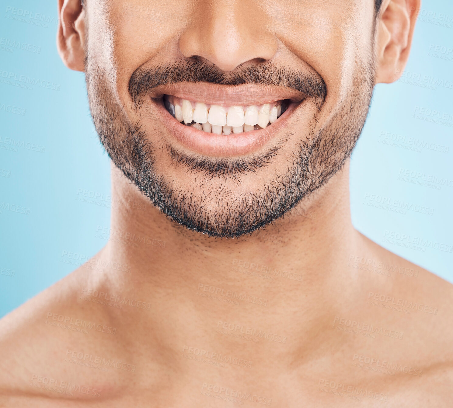 Buy stock photo Smile, teeth whitening and mouth of a man on a studio background for a dentist treatment. Health, wellness and tooth results of a person or model with dental or oral surgery on a backdrop for beauty