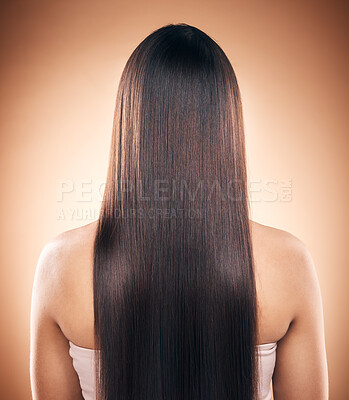 Buy stock photo Back, straight hair and beauty of woman in studio isolated on a brown background. Haircare, natural cosmetics and model with salon treatment for balayage hairstyle, growth and aesthetic for wellness