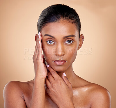 Buy stock photo Portrait, makeup and Indian woman with cosmetics, dermatology and wellness against a brown studio background. Face, female person and model with health, luxury and aesthetic with self care and beauty