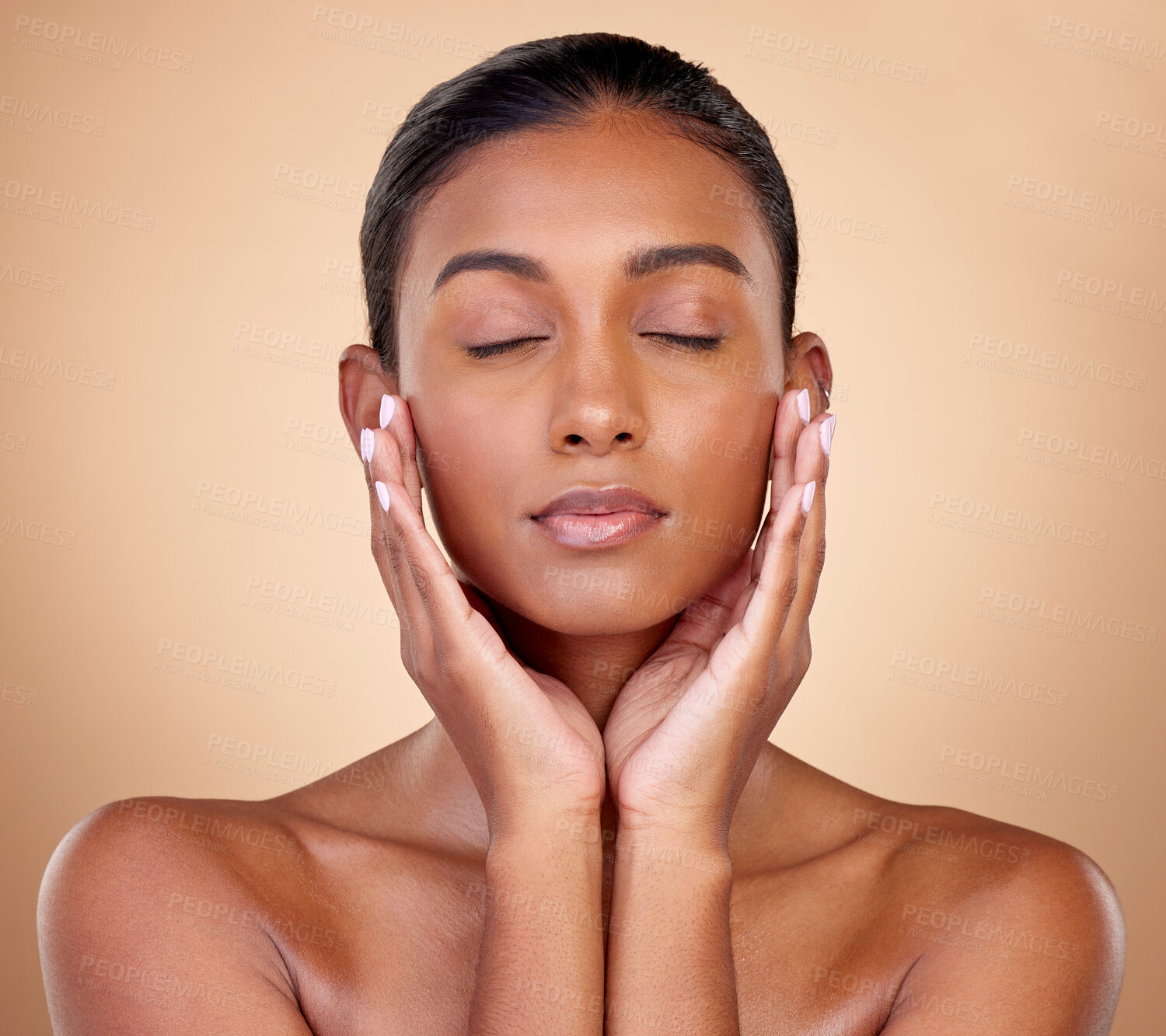 Buy stock photo Relax, skincare or woman with wellness, beauty or natural facial glow with dermatology cosmetics in studio. Eyes closed, background or face of Indian girl model resting with shine or self love