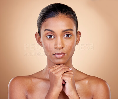 Buy stock photo Portrait, skincare and indian girl with glow or beauty in studio background for dermatology. Natural, face and woman with healthy skin for cosmetics or self care, spa treatment in mock up or facial.