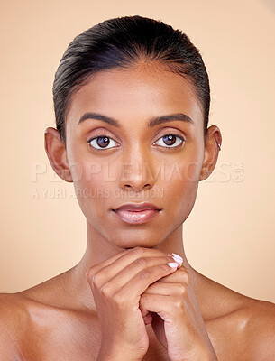 Buy stock photo Portrait, skincare and woman with self care, cosmetics and luxury on a brown studio background. Face, female person or model with makeup, shine and glow with natural beauty, dermatology and aesthetic