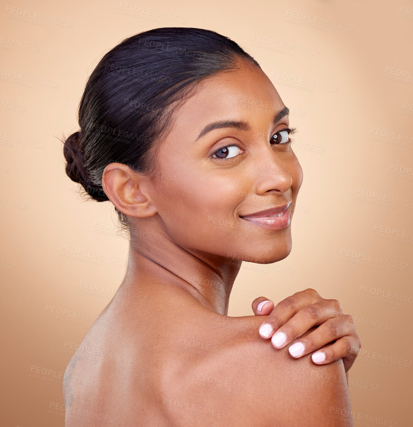 Buy stock photo Portrait, beauty or happy woman with natural facial glow with dermatology skincare cosmetics in studio. Aesthetic face, brown background or gen z girl model with wellness, smile or self love in spa