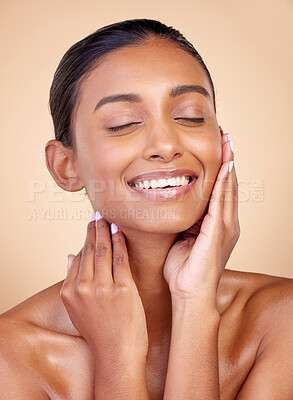 Buy stock photo Face, skincare or happy woman with natural beauty or facial glow with dermatology cosmetics in studio. Eyes closed, relax or beautiful Indian girl model laughing with wellness, smile or self love 