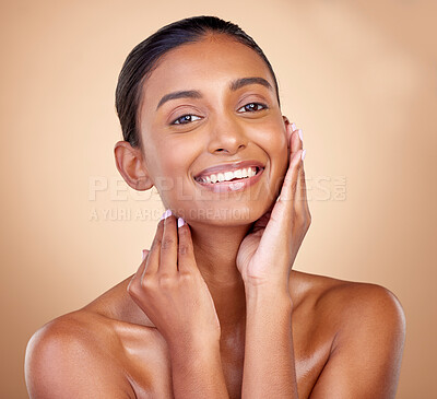 Buy stock photo Portrait, skincare and woman with cosmetics, smile and dermatology on a brown studio background. Face detox, female person or model with makeup, shine or glow with luxury, self care or natural beauty