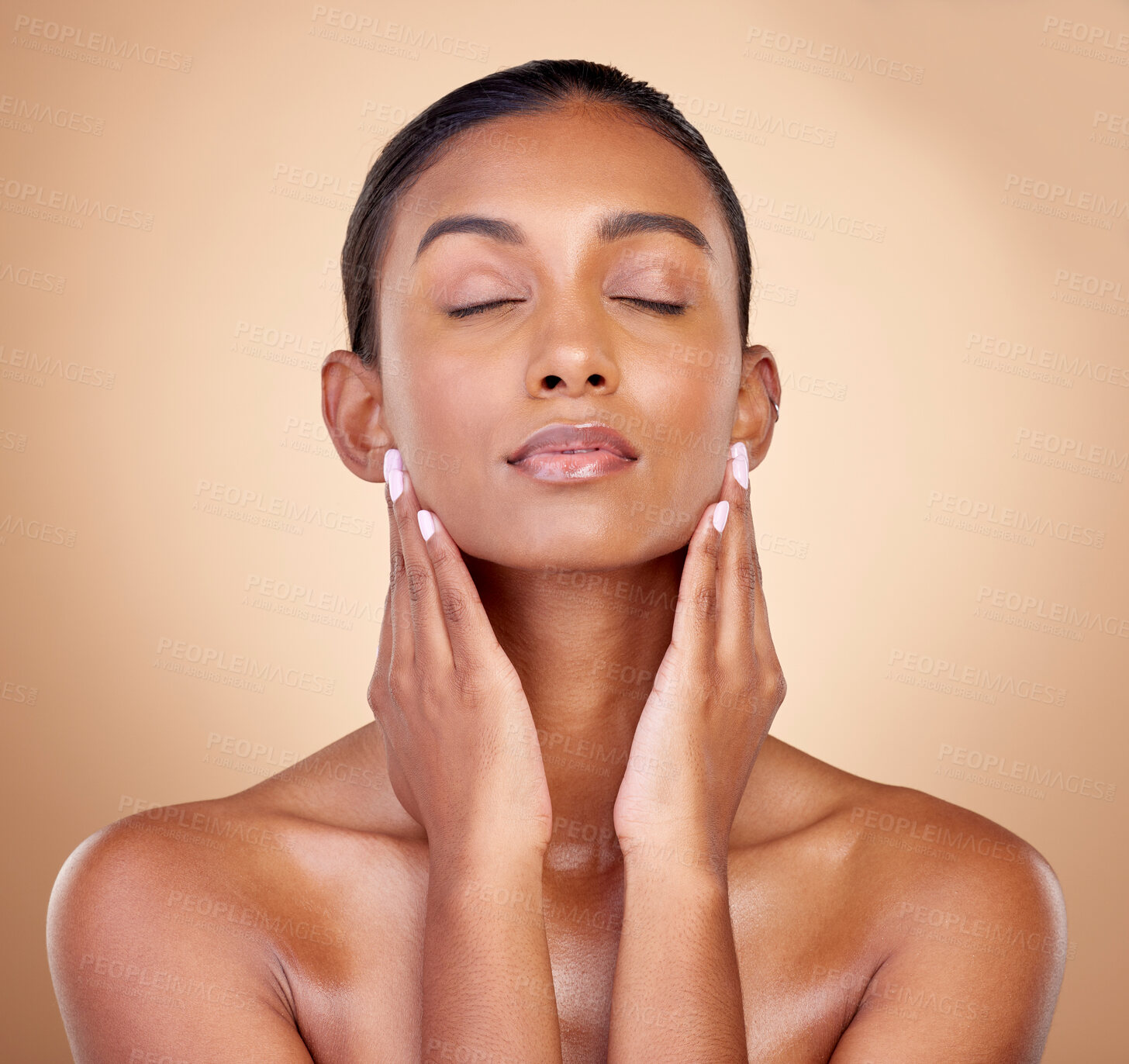 Buy stock photo Skincare, studio face and woman relax with natural foundation makeup, aesthetic cosmetics or self care routine. Spa salon, collagen shine or clean Indian person with facial beauty on brown background