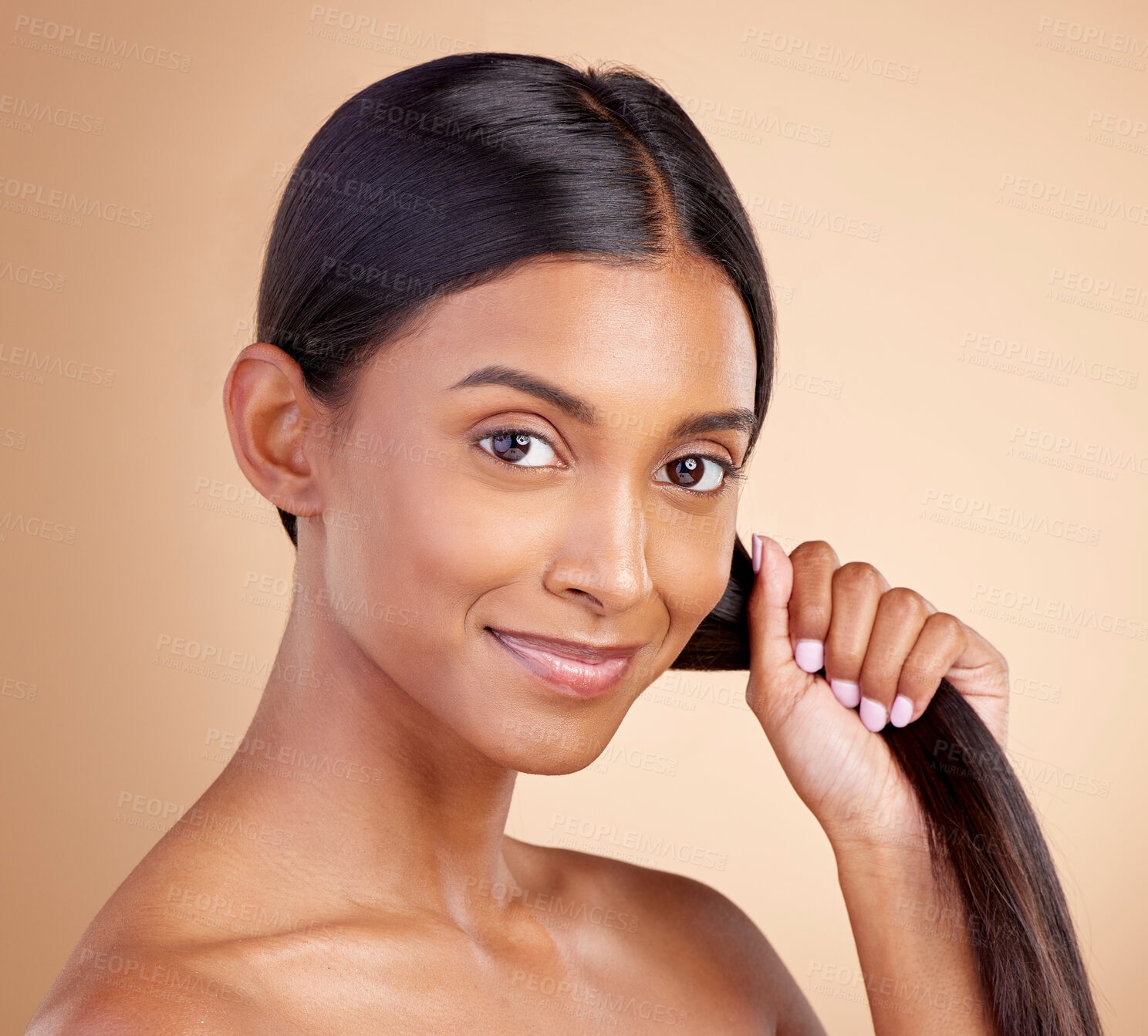 Buy stock photo Strong hair, portrait or happy woman with beauty, skincare or self care for glow, shine or collagen in shampoo. Healthy texture, model or Indian girl smiling with cosmetics for treatment or grooming