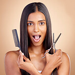 Comb, hair care or portrait of shocked woman with scissors for self care beauty for grooming on studio background. Surprised, wow or Indian girl in salon with tools or cosmetics for haircut treatment
