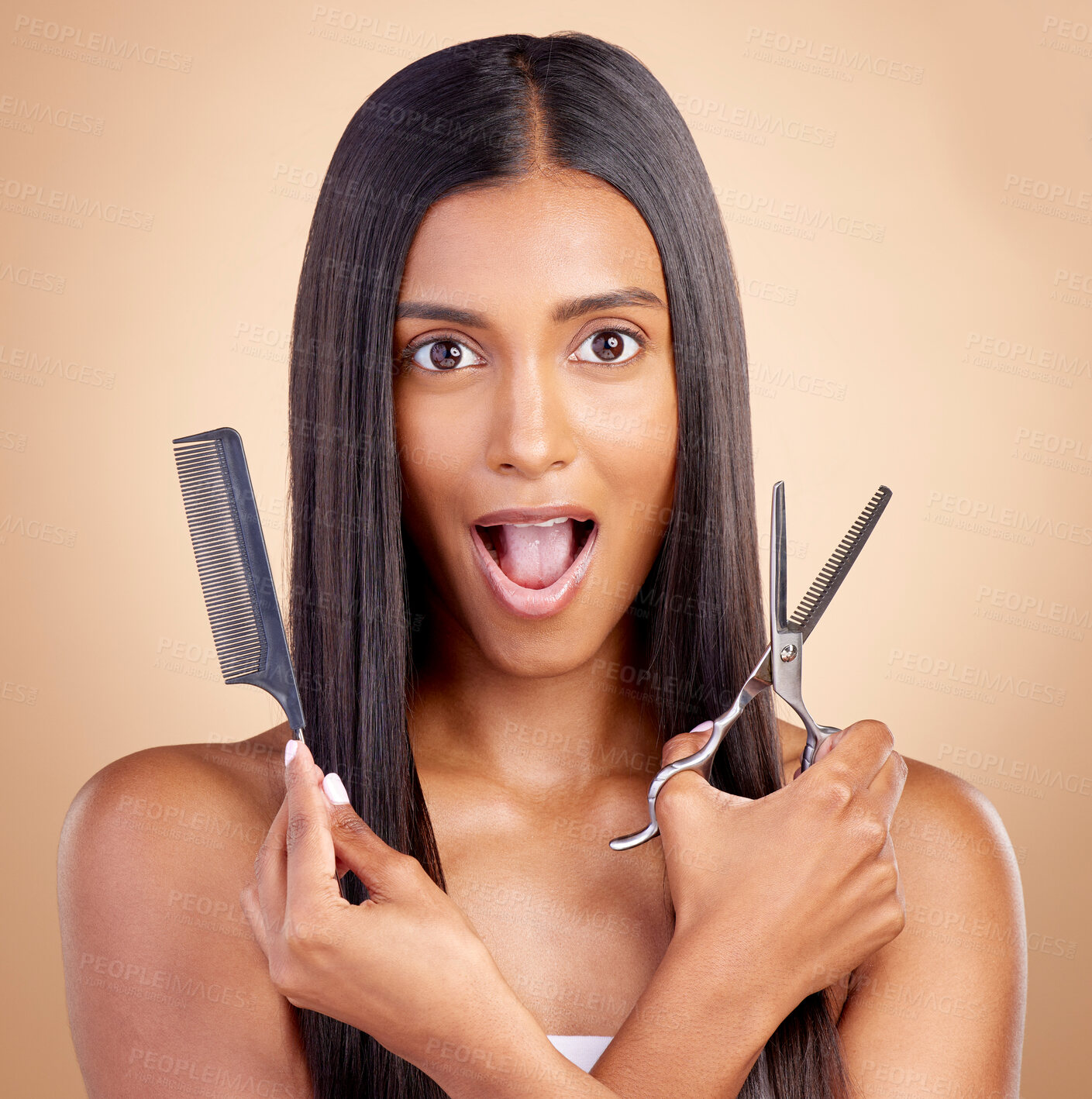 Buy stock photo Comb, hair care or portrait of woman with surprise, scissors for self care beauty grooming on studio background. Shocked, wow or Indian girl in salon with tools or cosmetics for haircut treatment
