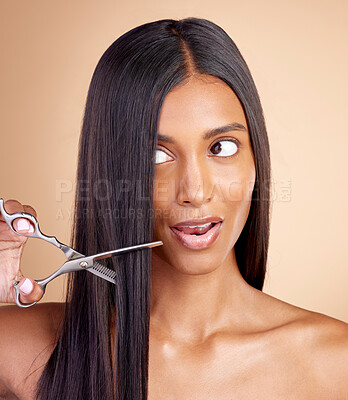 Buy stock photo Cutting, hair care or Indian woman with scissors for beauty or self care for grooming on brown background. Transformation, studio or girl in salon with tools or cosmetics gear for haircut treatment 