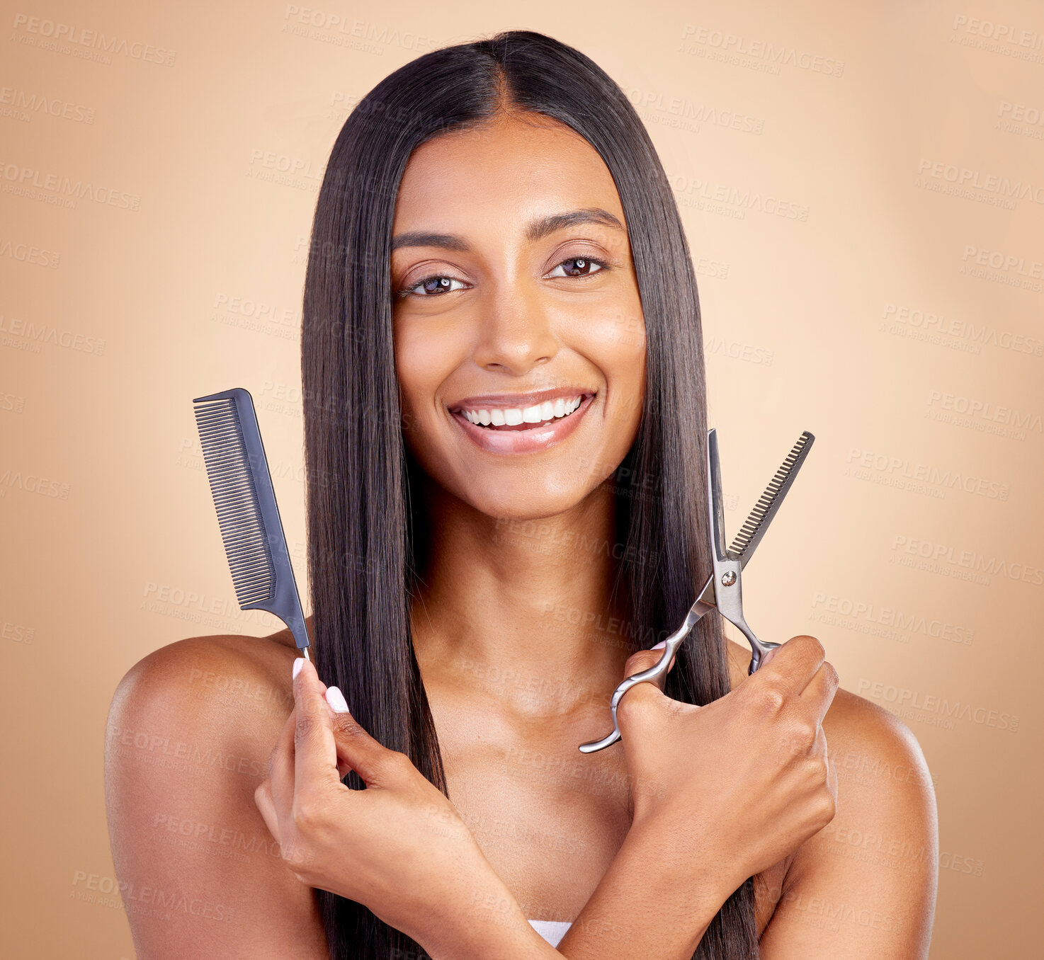 Buy stock photo Hair care, happy and portrait of a woman with tools for a haircut, grooming or salon treatment. Smile, Indian and a young model or girl with gear for a hairstyle isolated on a studio background