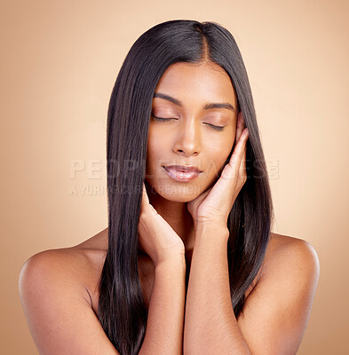 Buy stock photo Beauty, relax and hair with face of woman in studio for shampoo, salon and hairstyle. Skincare, cosmetics and self care with female model on brown background for makeup, glow and spa treatment