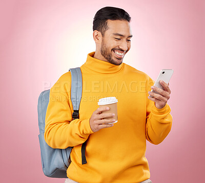 Buy stock photo Backpack, phone and student or man on studio pink background for scholarship, university or college results. Learning, education and happy person in bag, coffee break and study information on mobile