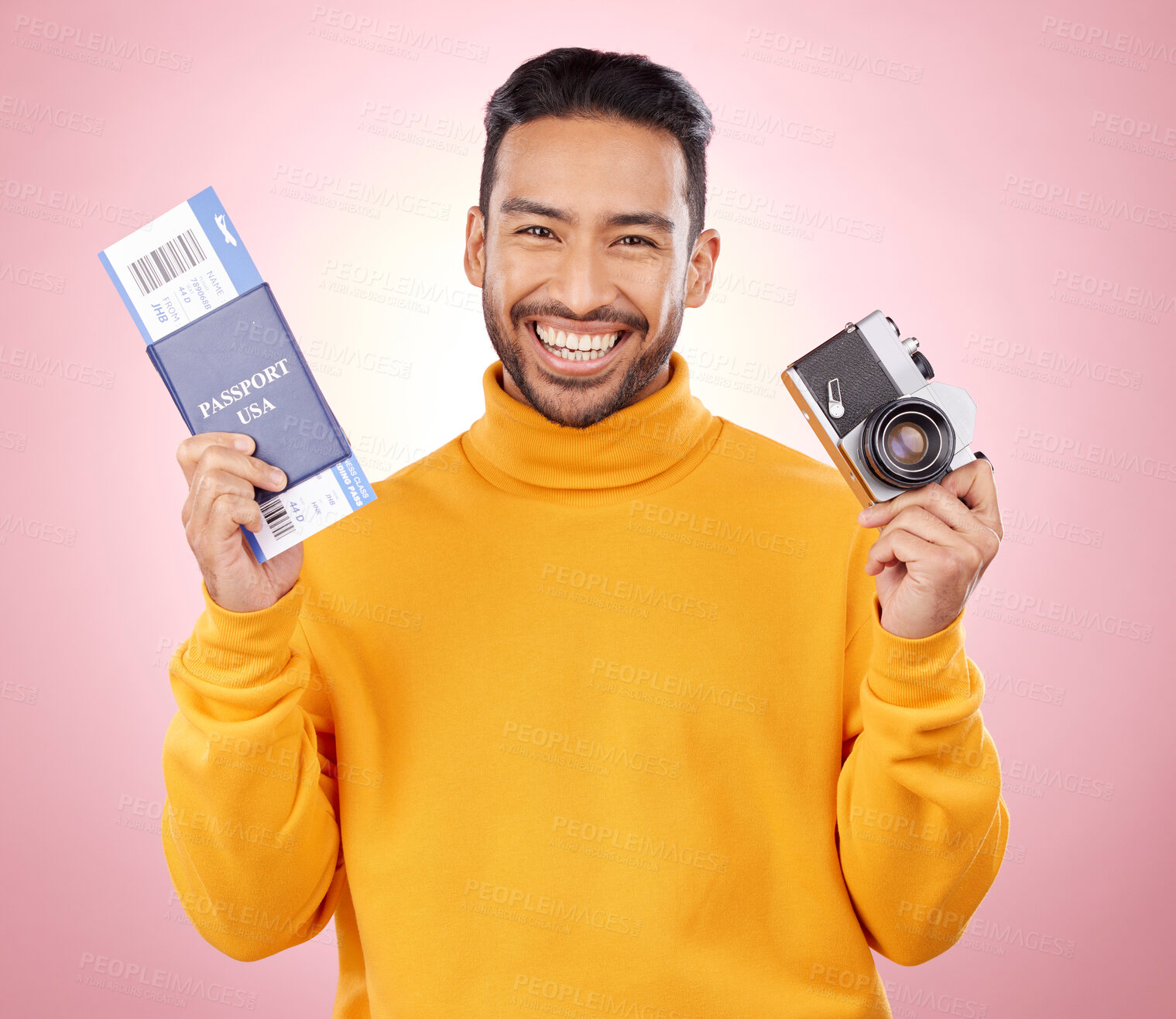 Buy stock photo Happy asian man, portrait and passport with camera for travel or photography against a pink studio background. Male person or photographer smile with ticket for flight trip, photo or vacation memory