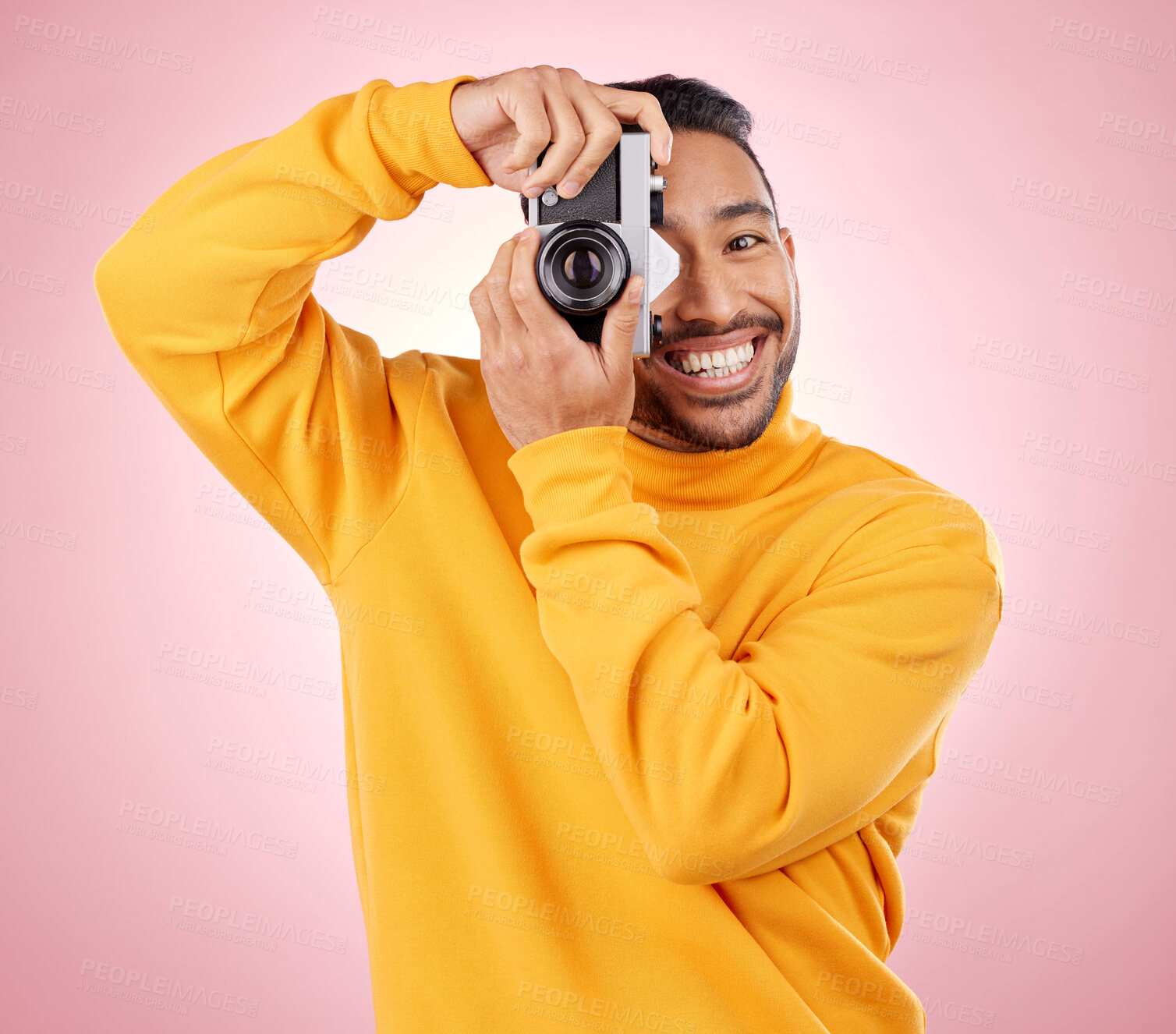 Buy stock photo Portrait, man with a camera and smile for photography, taking a picture for art, travel or record of a happy memory. Creative photographer, happiness and shooting on retro or vintage film technology