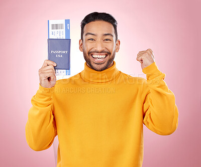 Buy stock photo Happy asian man, portrait and passport with ticket for travel, winning or success against a pink studio background. Male person smile, documents or fist pump for flight discount, sale or holiday trip
