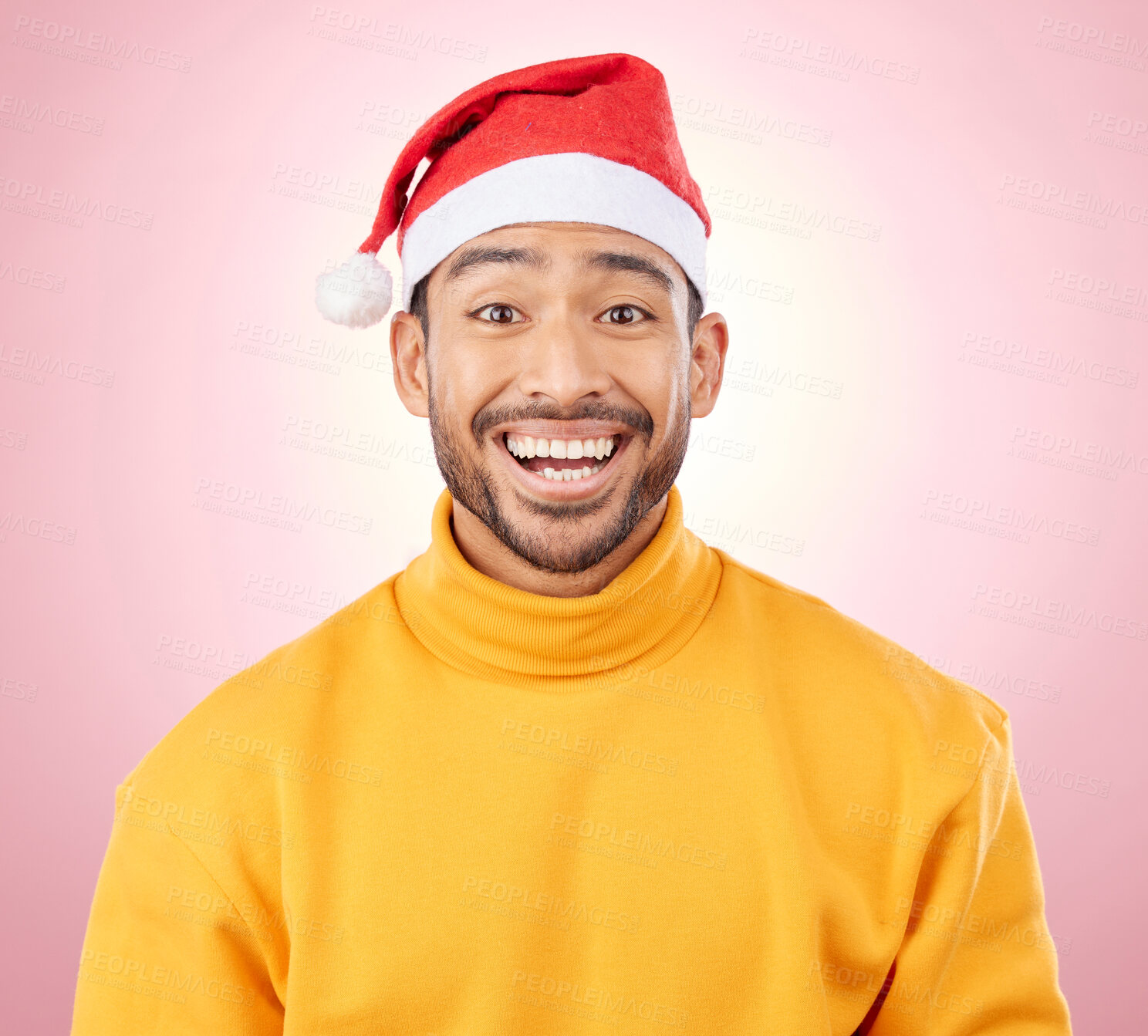 Buy stock photo Portrait, surprise and happy man with Christmas hat, fun and festive for holiday on pink background. Happiness, shock and excited model with smile, santa cap and winter vacation fashion in studio.