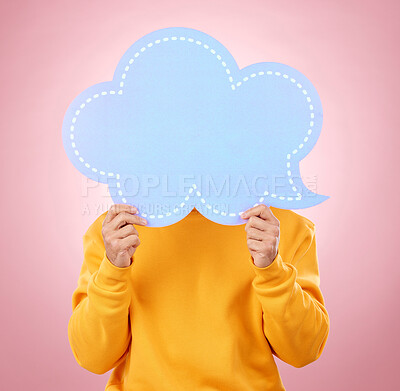 Buy stock photo Speech bubble, thinking and person presentation, chat or social media forum for college opportunity. Ideas, information and student for university FAQ or did you know mockup on studi0 pink background