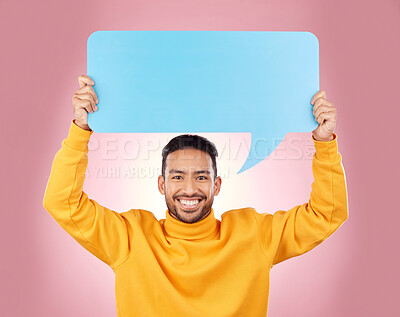 Buy stock photo Speech bubble, voice and man or student presentation, news or announcement for college opportunity. Portrait, information and happy person, university FAQ or communication on studio, pink background