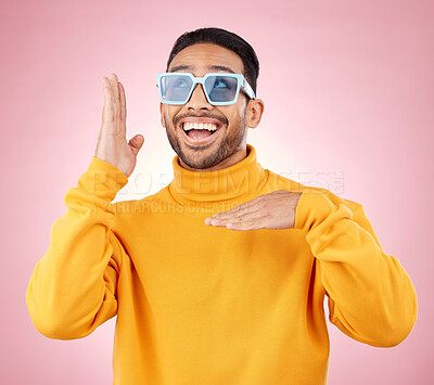 Buy stock photo Man, vogue dance and sunglasses in studio with excited smile, thinking and clothes for aesthetic by pink background. Asian gen z student, happy or color lens for fashion, dancing or ideas for party