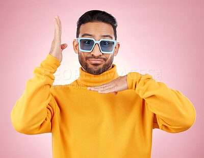 Buy stock photo Man, funny dancing and sunglasses for portrait, studio and smile, hands and clothes for aesthetic by pink background. Asian gen z student, happy and color lens for fashion, dance and frame for face