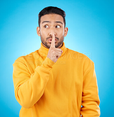 Buy stock photo Secret, man and finger on lips for privacy, confidential information or sign with hand to whisper, gossip or quiet voice. Announcement, emoji or person for communication, noise or silence of sound