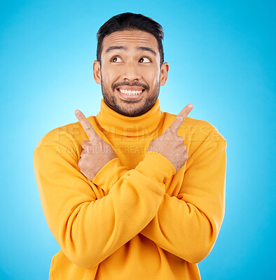 Buy stock photo Smile, asian man and hand pointing to studio for news, deal or discount or how to guide on blue background. Happy, choice and male show timeline, checklist or direction, coming soon or sign up info