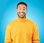 Laugh, portrait and happy asian man in studio with humor, joke or funny smile reaction on blue background. Comedy, face and Japanese guy model laughing, free or good mood, vibes or positive attitude