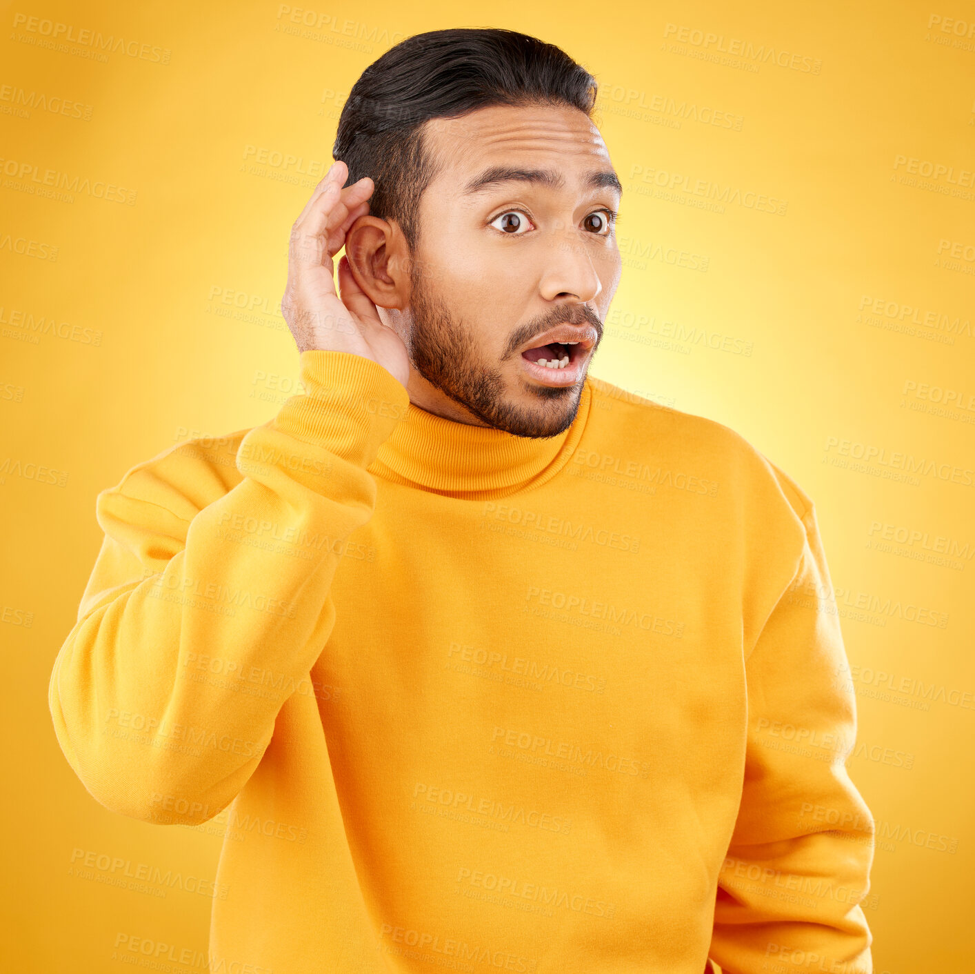 Buy stock photo Asian man, listening and gossip with hand on ear in studio background for information. Shock, hearing and male person with surprised face about secret with attention or curiosity in mock up for news.