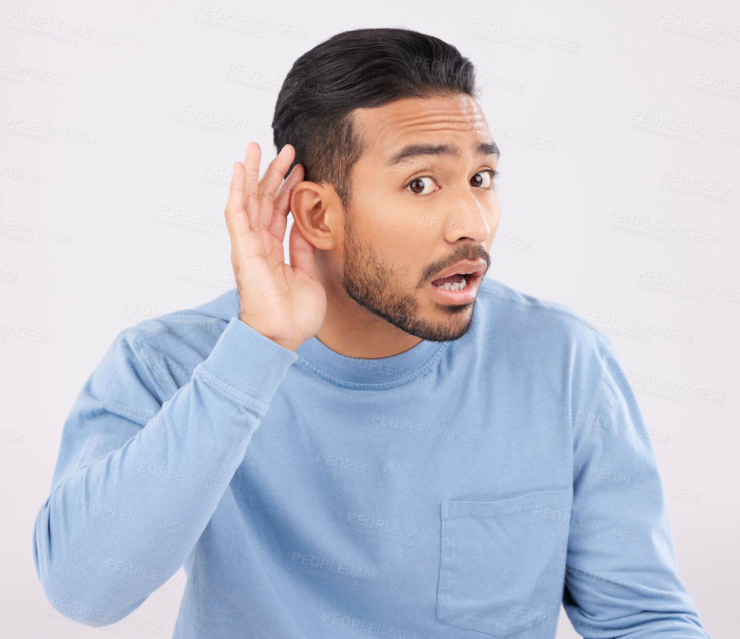 Buy stock photo Ear, hands and portrait of asian man with listen, whisper or hearing secret, gossip or news on white background in studio. Confused, what and guy face with emoji for deaf, speak up or volume gesture