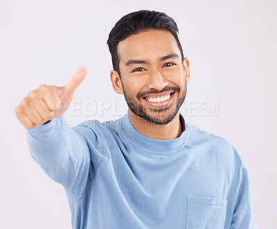Buy stock photo Portrait, smile and asian man in studio with thumbs up, hand or thank you sign on grey background. Happy, face and Japanese male with finger emoji for yes, vote or positive review, success or agree