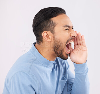 Buy stock photo Hands, screaming and angry asian man in studio with announcement, message or warning on grey background. Noise, news and shouting Japanese guy with deal, sale or coming soon promotion, speech or info