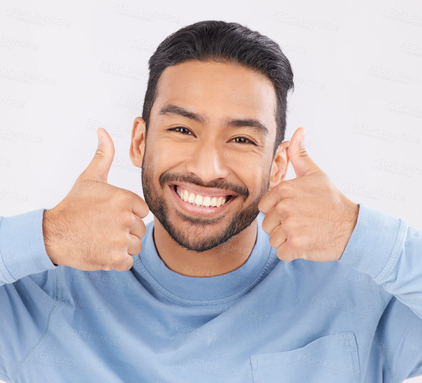 Buy stock photo Thumbs up, portrait and asian man happy in studio with hand, sign and thank you on grey background. Smile, face and Japanese male with finger emoji for yes, vote or positive review, feedback or agree