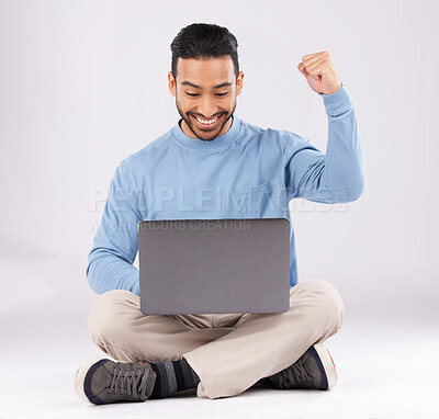 Buy stock photo Happy, yes and success with man and laptop in studio for deal, winner and good news. Technology, internet and achievement with person and fist pump on white background for website, wow or celebration