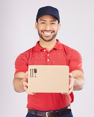 Buy stock photo Happy, shipping box or portrait of delivery man in studio with courier service, supply chain package or smile. Asian, white background or worker with distribution, online shopping and mail services 