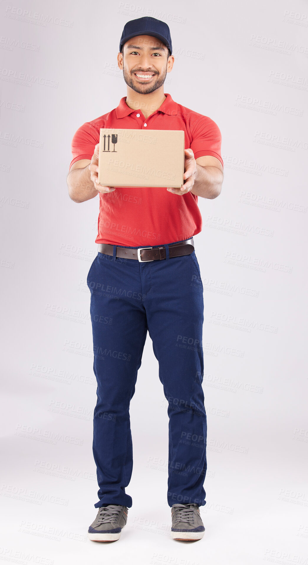 Buy stock photo Happy, shipping box or portrait of delivery guy in studio with courier service, supply chain package or smile. Full body, white background or man with distribution, online shopping or mail services
