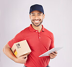Asian man, portrait and box with tablet for delivery, digital signature or checklist against a grey studio background. Male person smile with supply chain technology, parcel or package for logistics
