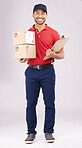 Happy asian man, portrait and box in delivery with clipboard for checklist against a grey studio background. Male person smile in supply chain for courier service, parcel or package and logistics