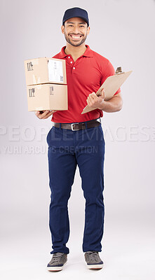 Buy stock photo Happy asian man, portrait and box in delivery with clipboard for checklist against a white studio background. Male person smile in supply chain for courier service, parcel or package and logistics