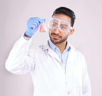 Buy stock photo Scientist man, studio and beaker with goggles, thinking or analysis for focus by white background. Asian science expert, glass container and chemistry innovation with idea, ppe or study at pharma job