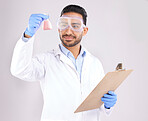 Scientist man, studio and beaker with thinking, checklist and analysis with ppe goggles by white background. Asian science expert, clipboard and paperwork for chemistry, ideas and study at pharma job