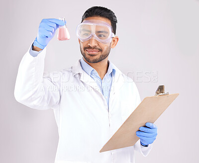 Buy stock photo Scientist man, beaker and thinking with checklist, analysis and ppe goggles in studio by white background. Asian science expert, clipboard and paperwork for chemistry, ideas and study at pharma job