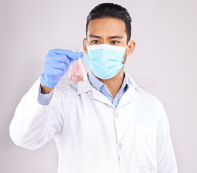 Buy stock photo Medical, chemical and man with research, healthcare or sample analysis against a white studio background. Vaccine, male person or scientist with drugs, pharma or chemistry with liquid or development