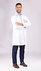 Portrait, man and happy scientist with arms crossed in studio isolated on a white background. Confidence, smile and Asian doctor, science expert or medical professional from Singapore on mockup space