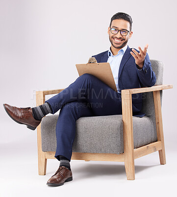 Buy stock photo Psychologist, therapist and a man with a chair and clipboard for therapy, consultation or support. Portrait of professional person with notes for mental health counselling on white studio background 