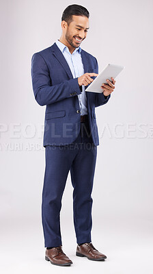 Buy stock photo Happy asian man, business and tablet in studio for online planning, data trading and internet info on white background. Corporate trader, digital technology and network connection for app on website