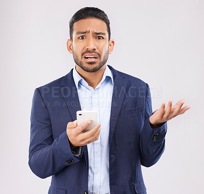 Buy stock photo Portrait, asian man and phone error in studio with glitch, scam or bad connection on white background. Wtf, face and male confused by 404, scam or phishing, spam or network delay and sign up mistake