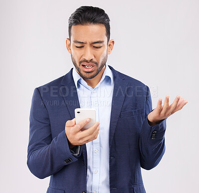 Buy stock photo Phone, fail and asian man in studio confused with scam, alert or internet glitch on grey background. Stress, smartphone and online problem for Japanese guy angry by spam, phishing or 404 error crisis
