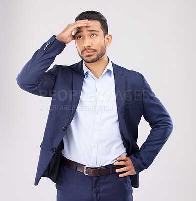 Buy stock photo Business man, stress and confused in studio for anxiety, debt and stock market crash for fail economy. Asian male worker thinking of bankruptcy problem, doubt and financial crisis on white background