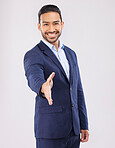 Happy businessman, portrait and handshake for introduction, greeting or meeting against a grey studio background. Asian man shaking hands for business opportunity, hiring or deal in team agreement
